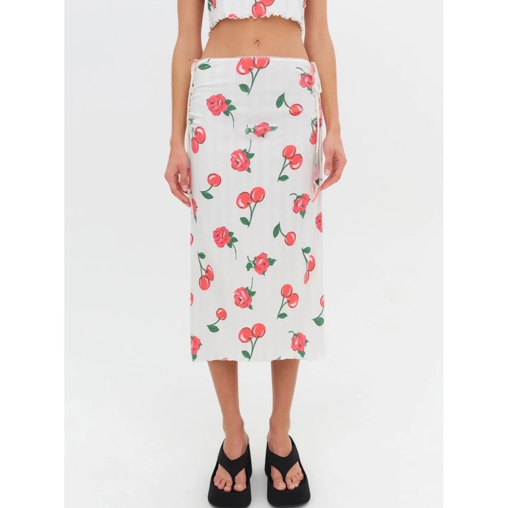 For Love and Lemons Wilma Cherry Rose Midi Skirt Low Rise - Picture 5 of 5